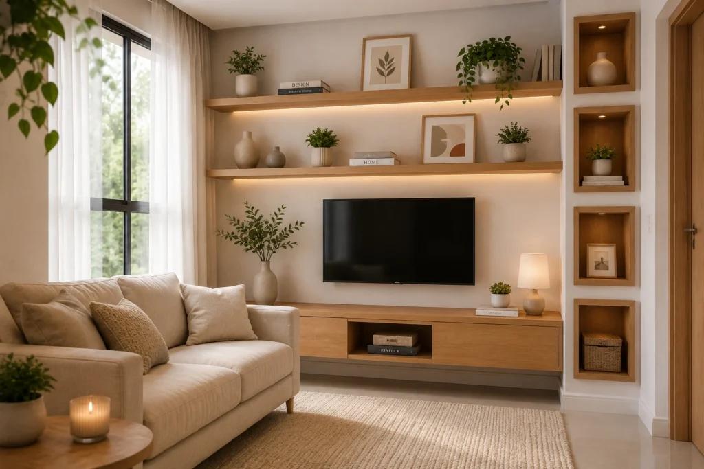 prateleiras-e-nichos-sala-pequena-decoracao-minimalista-1024x683 Decoração Barata para Sala Pequena: 10 Ideias Práticas