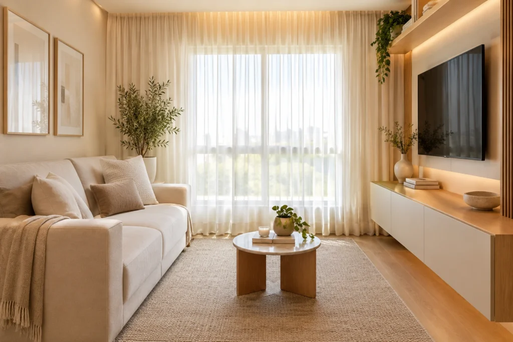Cortinas leves em sala com sofá bege e madeira