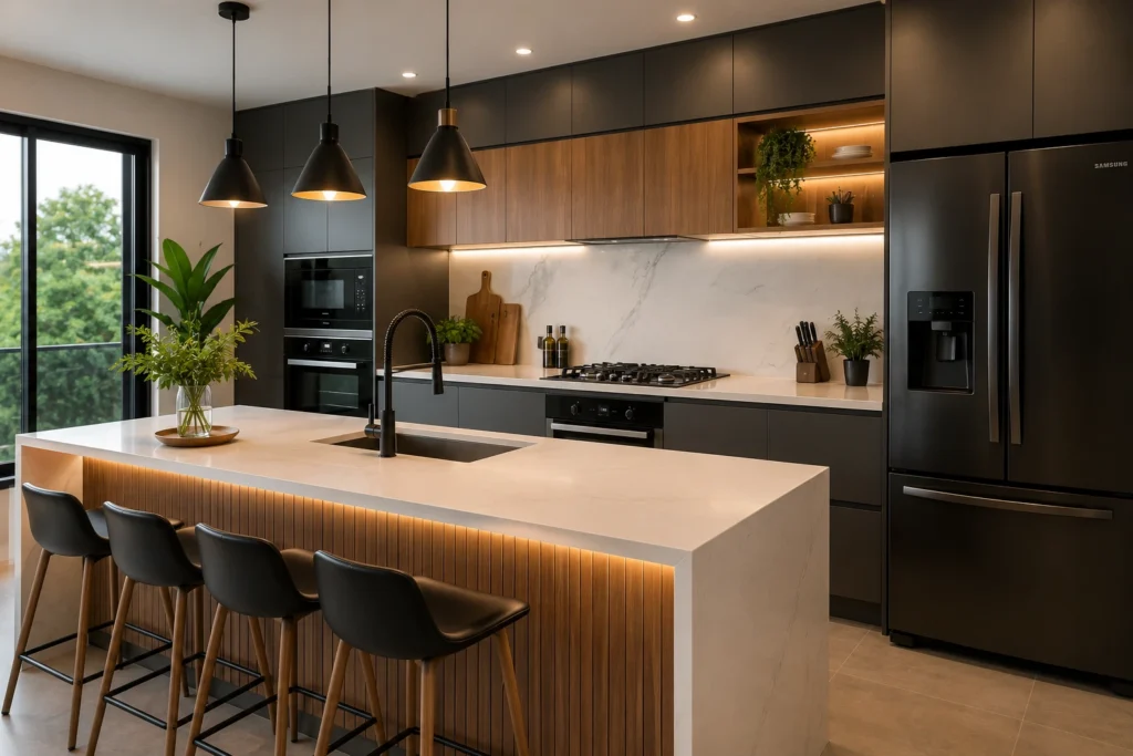 cozinha-moderna-ilha-central-madeira-preto-1024x683 Cozinha Moderna: Ideias que Transformam Sua Casa com Estilo