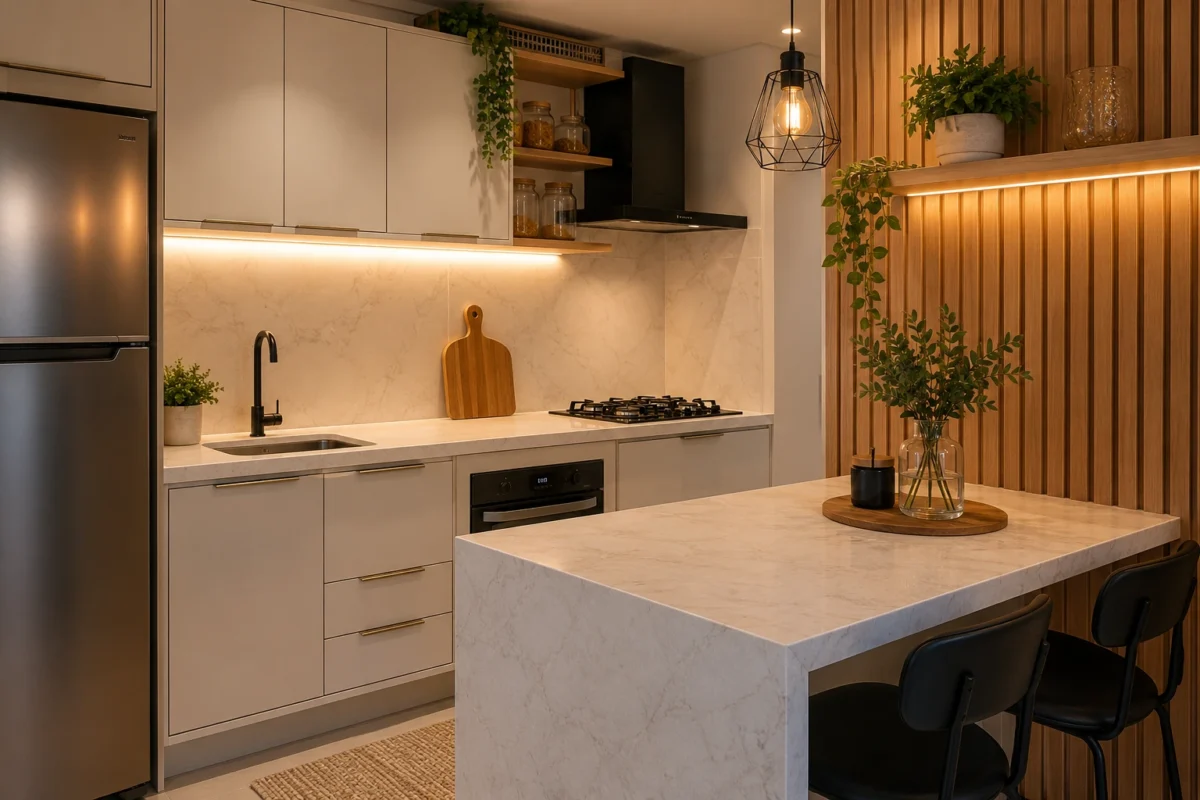 Cozinha moderna e sofisticada decorada com materiais acessíveis e acabamento elegante.
