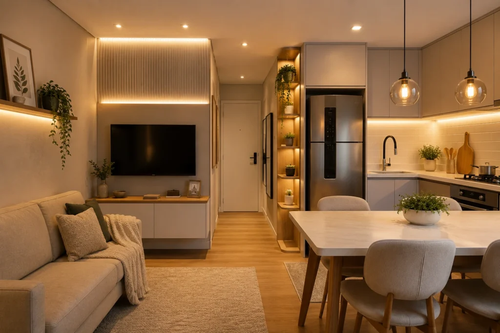Iluminação em casas pequenas com ambiente moderno, aconchegante e bem distribuído em espaço compacto integrado