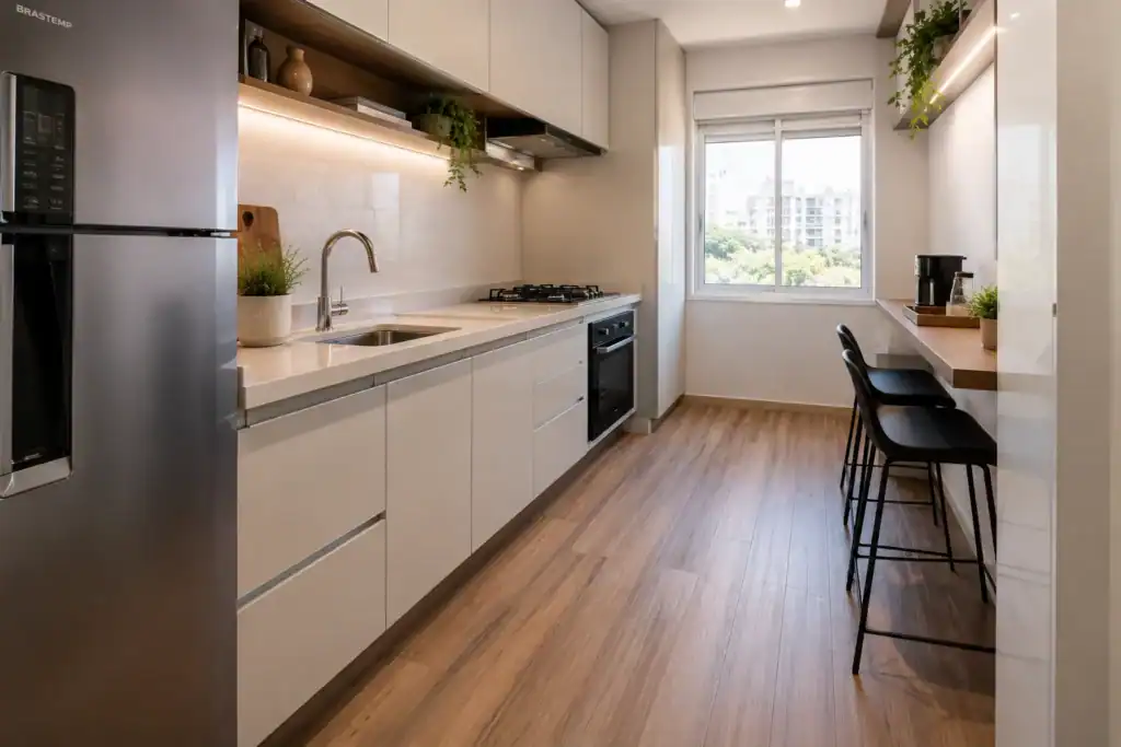 piso-vinilico-moderno-cozinha-elegante-1024x683 Revestimentos Baratos que Transformam Cozinhas