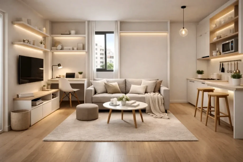 sala-pequena-moderna-decoracao-minimalista-iluminada.webp-1024x683 Como Organizar Casa Pequena: 5 Dicas que Funcionam