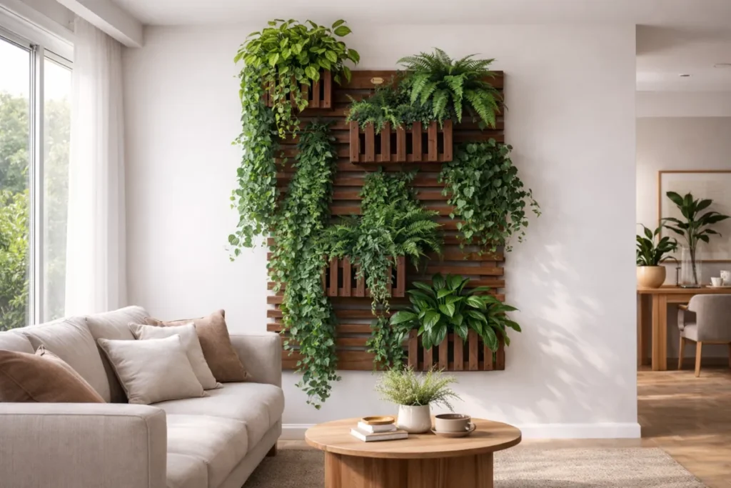 Jardim vertical moderno com painel de madeira e plantas naturais decorando a parede da sala