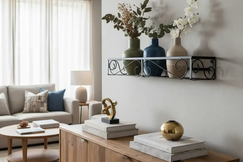 Sala decorada com prateleira de parede em metal, vasos decorativos e plantas em ambiente moderno e aconchegante