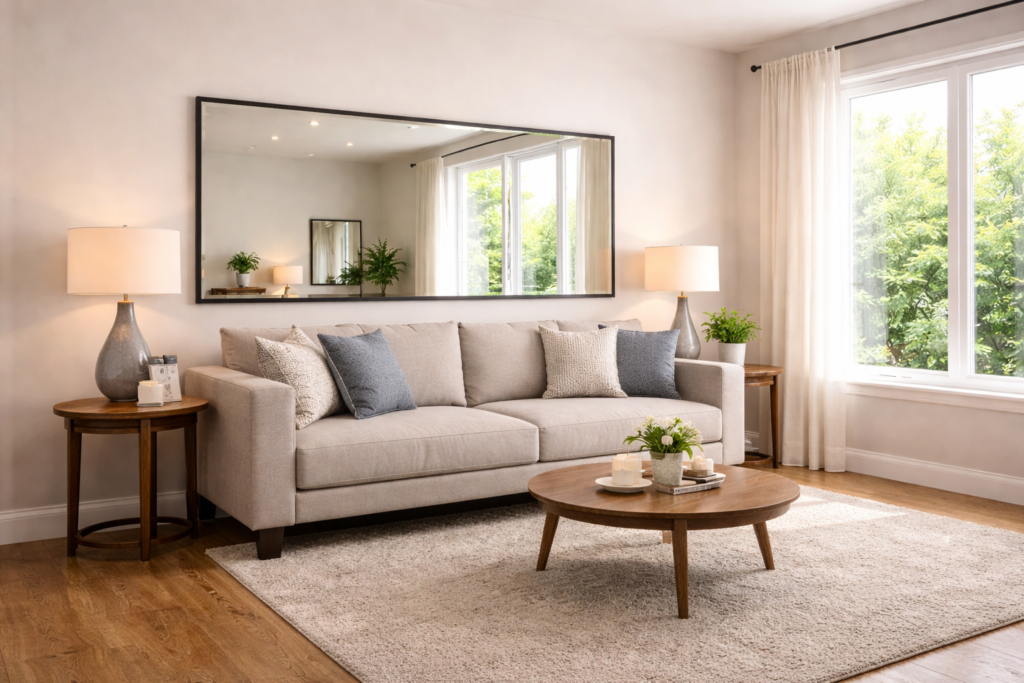 espelho-atras-sofa-sala-decoracao.webp-1024x683 Espelhos na Decoração: Amplie e Valorize Seu Lar