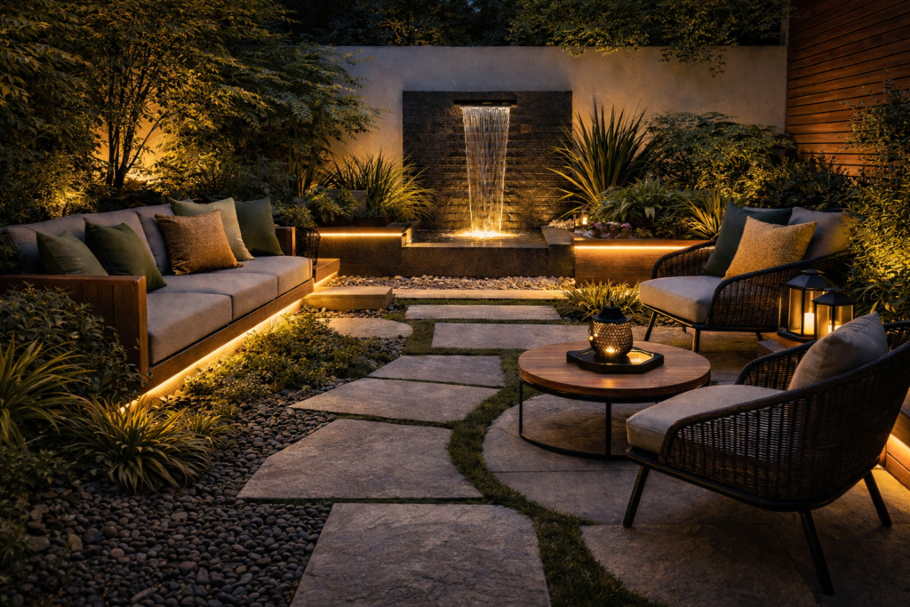 jardim-moderno-a-noite-1024x683 Jardim Pequeno Moderno: Ideias Elegantes para 2026