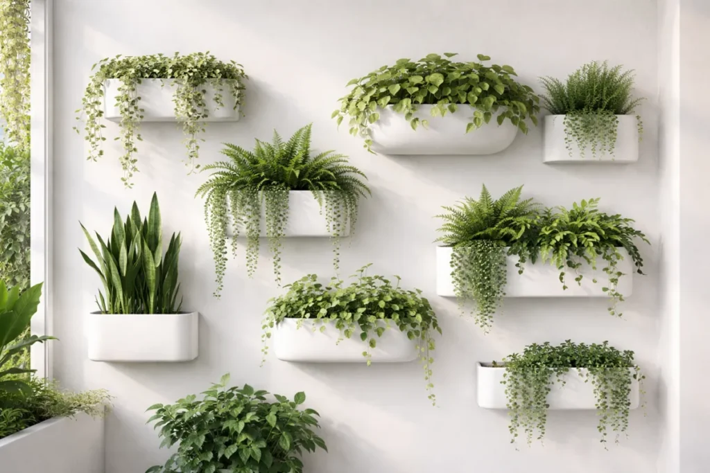 Jardim vertical com vasos brancos fixados na parede, contendo plantas verdes decorativas em ambiente moderno
