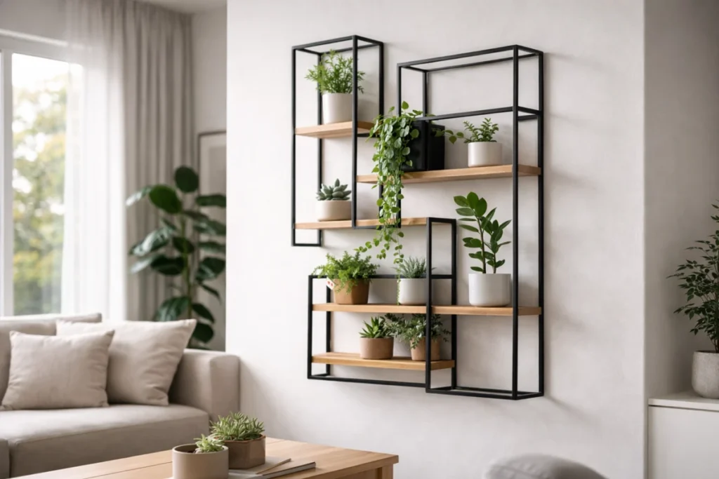 Prateleiras de parede com estrutura de metal e madeira, decoradas com plantas em ambiente moderno