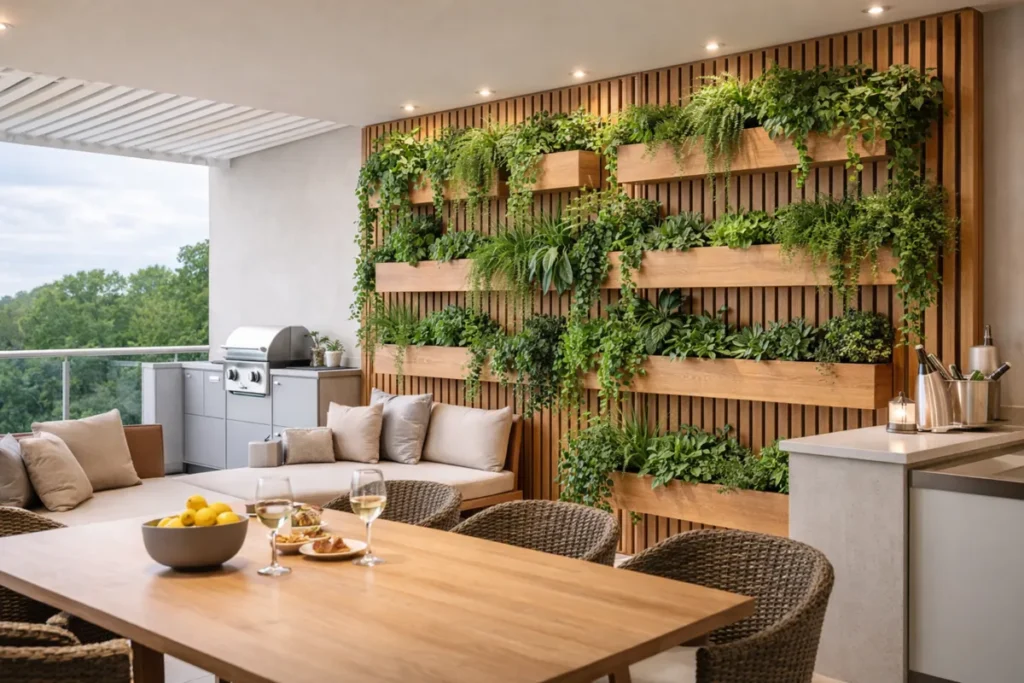 Varanda gourmet com jardim vertical em painel de madeira, mesa de jantar e área de churrasqueira moderna