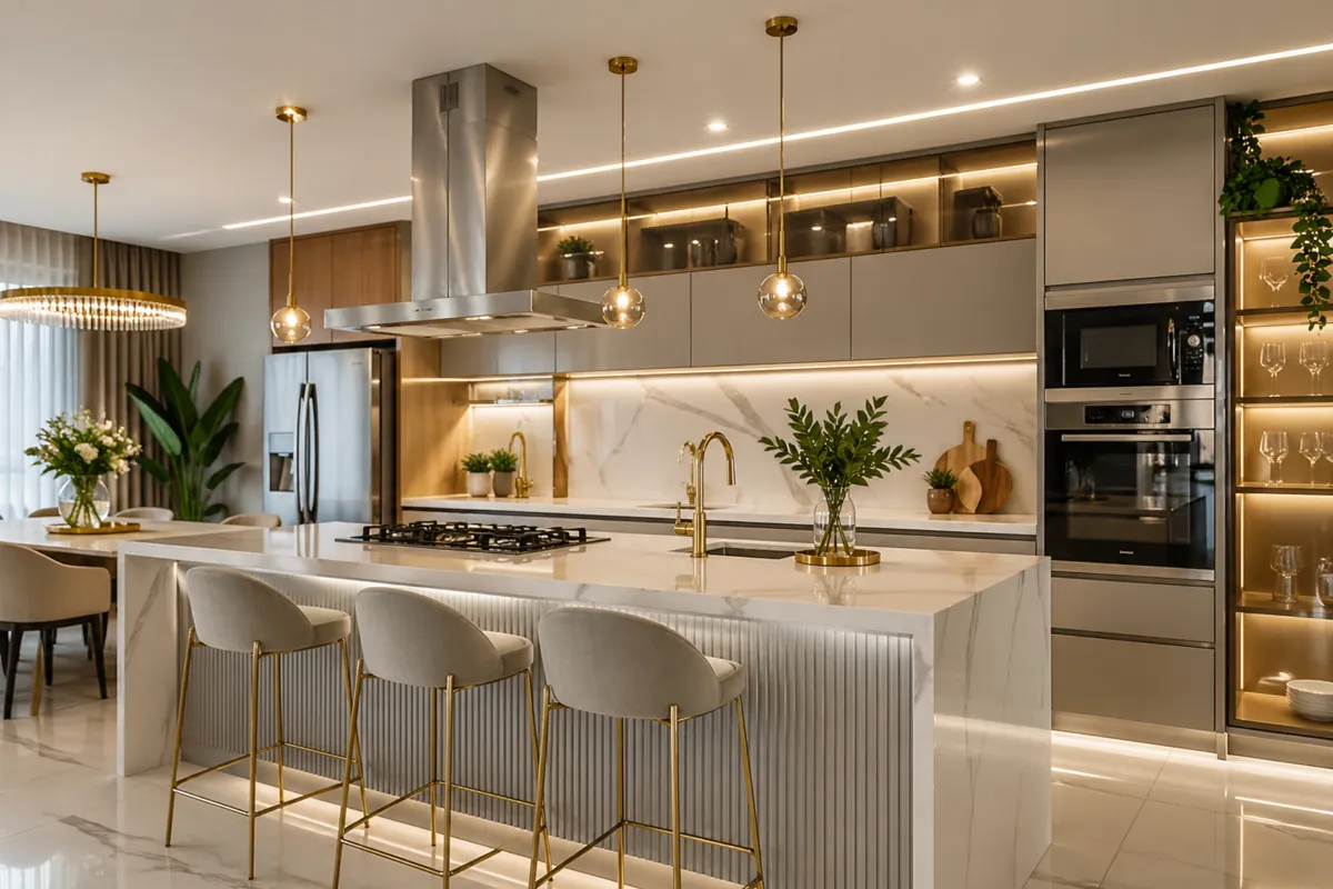 Cozinha luxuosa e barata moderna com ilha central, iluminação em LED e acabamento sofisticado em tons claros