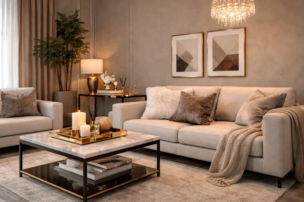 decoração barata que parece cara em sala moderna com sofá elegante e iluminação aconchegante