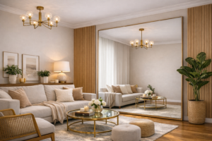 espelho grande na sala com painel ripado refletindo ambiente moderno e ampliando o espaço com elegância