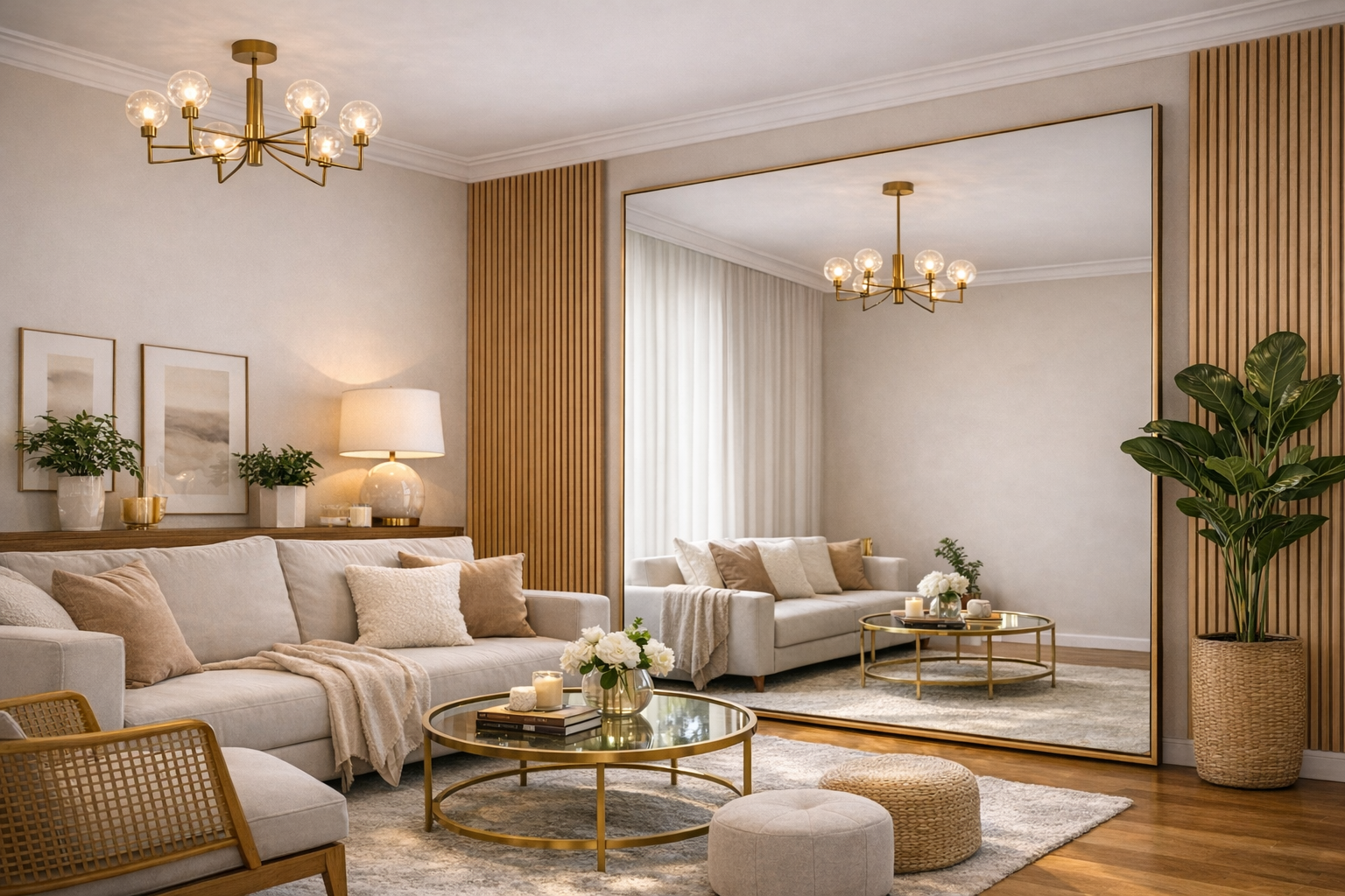 espelho grande na sala com painel ripado refletindo ambiente moderno e ampliando o espaço com elegância