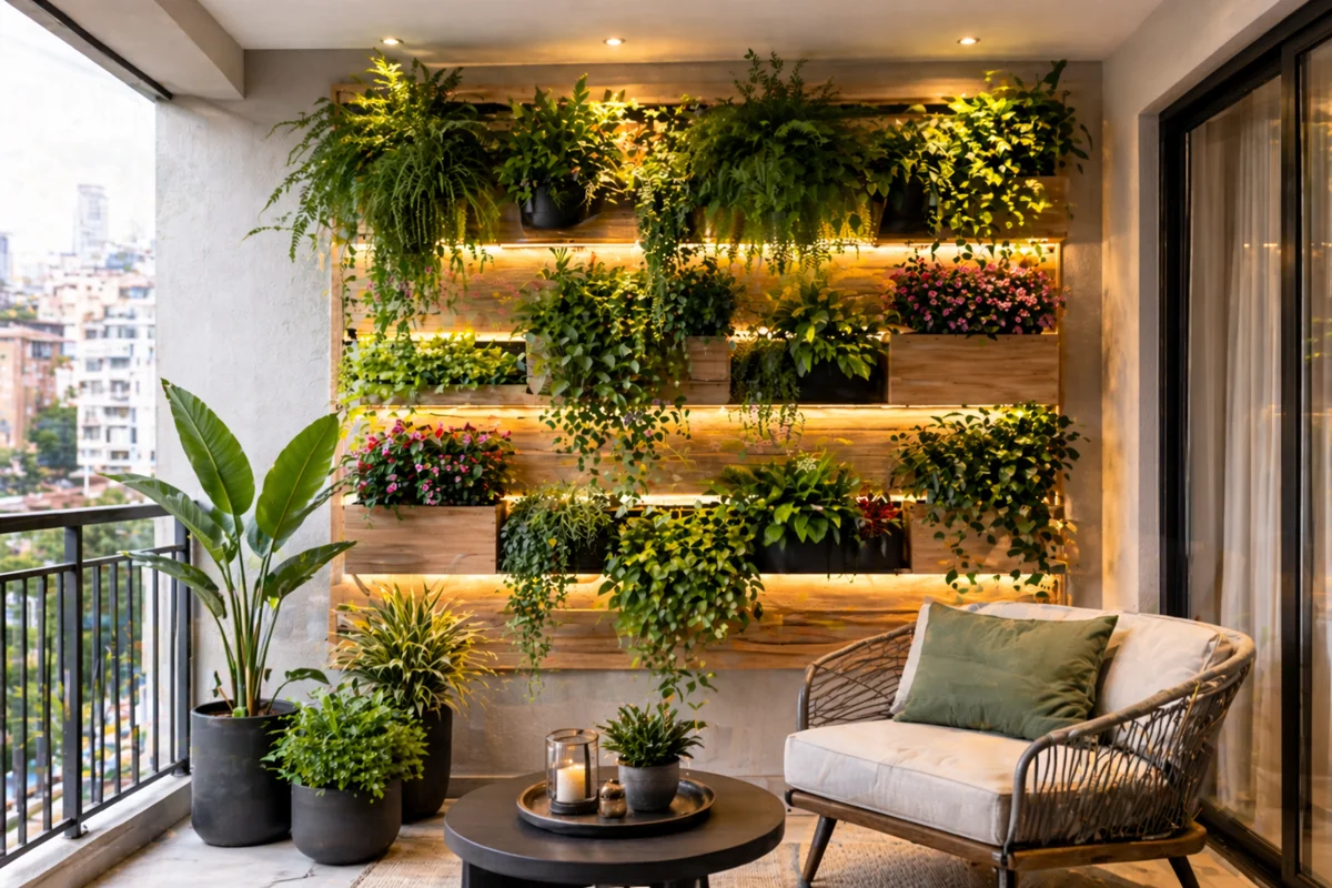Jardim vertical moderno e elegante em apartamento pequeno com plantas e iluminação decorativa