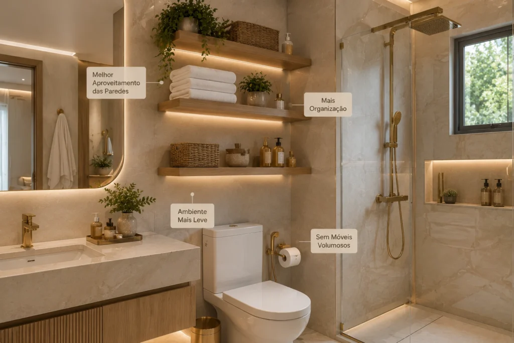 prateleiras-flutuantes-banheiro-pequeno-moderno-1-1024x683 Banheiro Pequeno: 7 Ideias que Ampliam o Ambiente