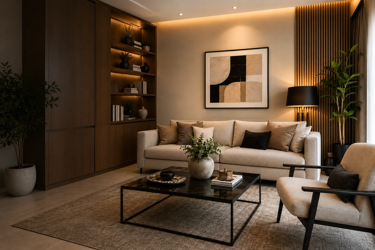 Sala moderna e sofisticada com decoração elegante, sofá bege, iluminação indireta aconchegante, painel ripado e móveis contemporâneos em tons neutros.
