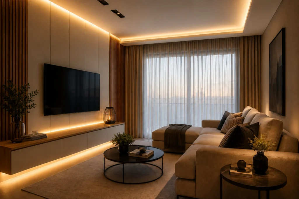 iluminacao-em-camadas-sala-moderna-1200x800-1-1024x683 11 Truques Simples que Transformam Salas Pequenas