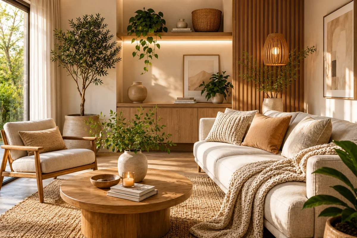 Sala de estar em estilo minimalismo acolhedor com sofá bege, iluminação quente, móveis de madeira e decoração moderna aconchegante.