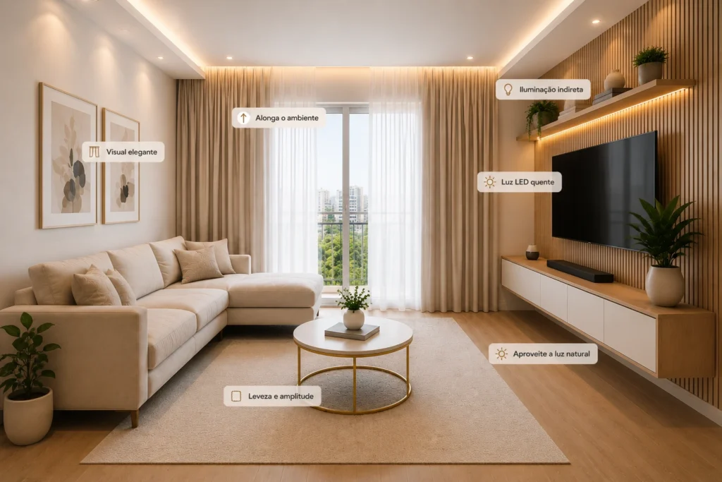 sala-moderna-cortinas-longas-iluminacao-led-1200x800.webp-1024x683 11 Truques Simples que Transformam Salas Pequenas