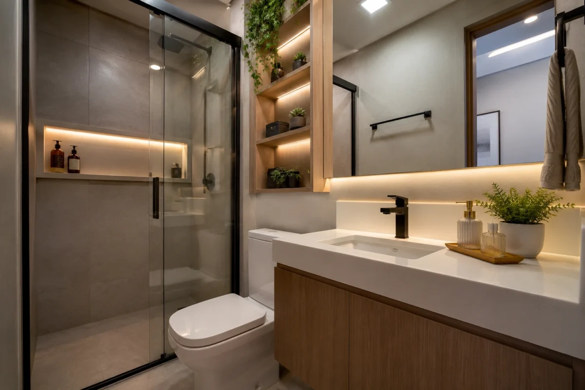 Banheiro pequeno moderno com armário suspenso de madeira, espelho iluminado, nichos decorativos e box de vidro transparente.