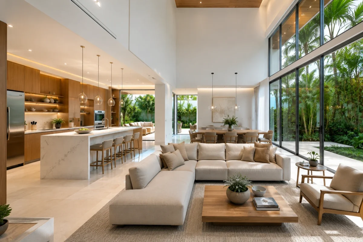 Sala de estar integrada à cozinha moderna com ilha gourmet em quartzo branco, iluminação natural, janelas amplas e decoração minimalista sofisticada.