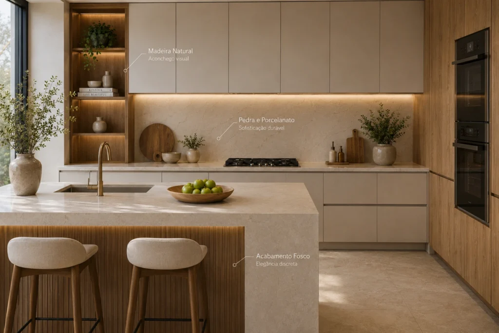 cozinha-minimalista-madeira-natural-porcelanato-acabamento-fosco-1024x683 Cozinha Minimalista: Como Unir Luxo e Conforto no Ambiente