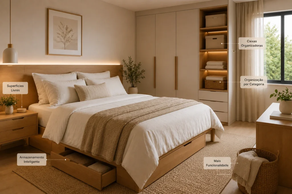 organizacao-quarto-minimalista-acolhedor-1024x683 Quarto Minimalista Acolhedor: Design Elegante e Confortável