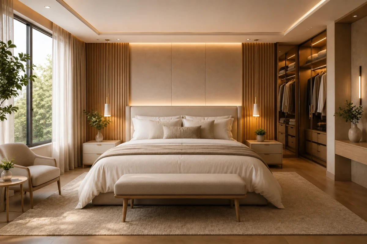 Quarto minimalista acolhedor com decoração elegante, iluminação natural, painel ripado em madeira e tons neutros que proporcionam conforto e sofisticação."
