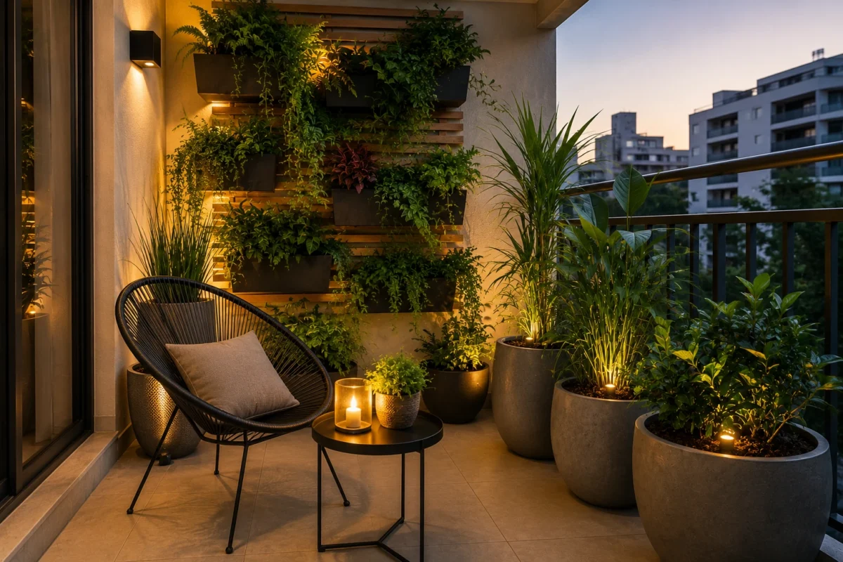Jardim pequeno moderno em varanda de apartamento com jardim vertical, vasos contemporâneos e iluminação LED decorativa.