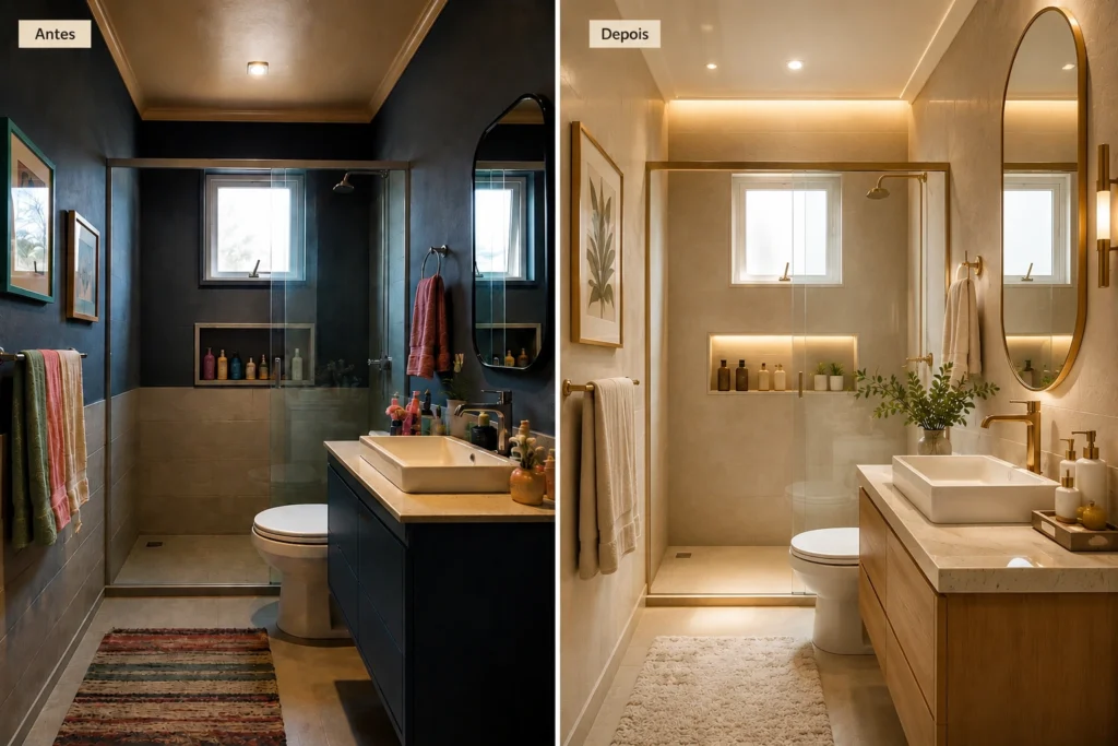 Antes e depois de banheiro pequeno mostrando como a escolha de cores claras, iluminação adequada e paleta harmoniosa pode ampliar visualmente o ambiente.