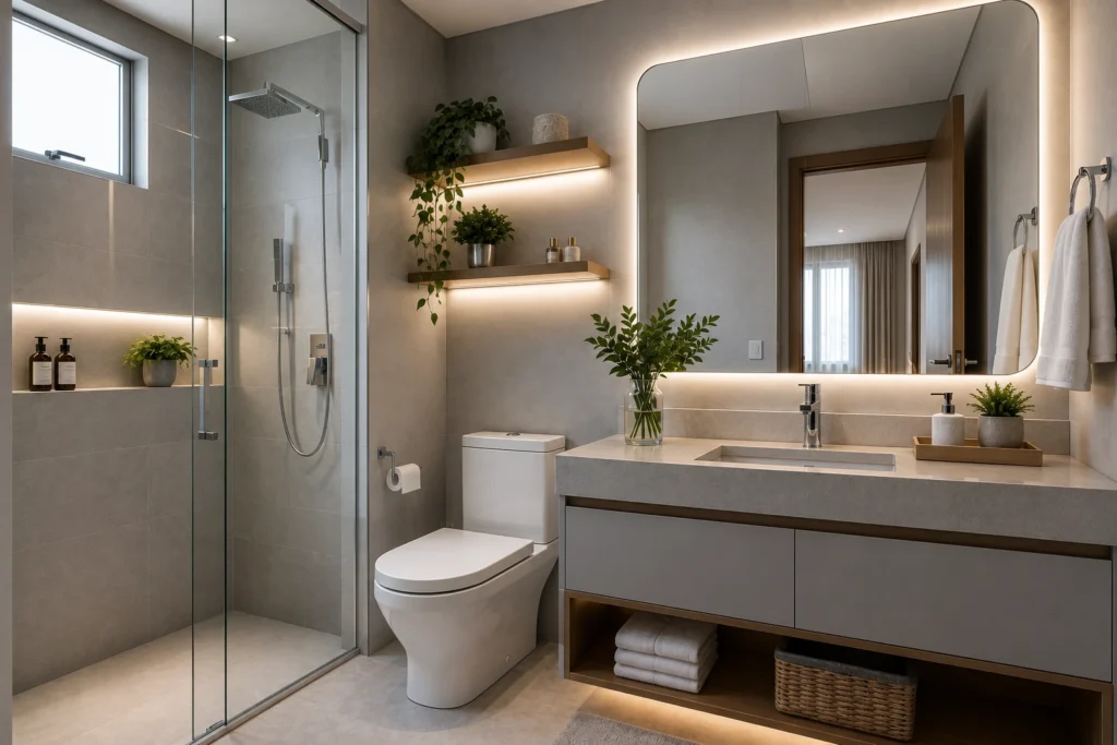 Banheiro pequeno moderno em cinza claro com iluminação LED, espelho amplo, bancada branca, detalhes em madeira e box de vidro, criando um ambiente elegante, sofisticado e com sensação de amplitude.