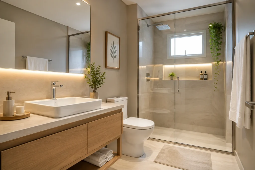 Banheiro pequeno moderno com cores claras, bancada de madeira, box de vidro transparente e iluminação aconchegante para ampliar o ambiente