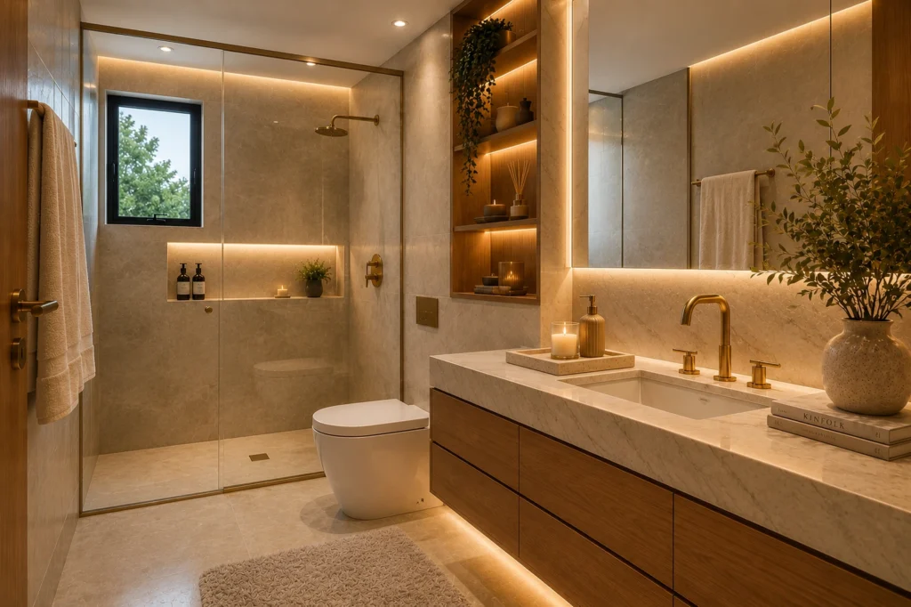 Banheiro pequeno moderno com design luxuoso, bancada em mármore, gabinete de madeira, iluminação indireta em LED, box de vidro e decoração sofisticada.