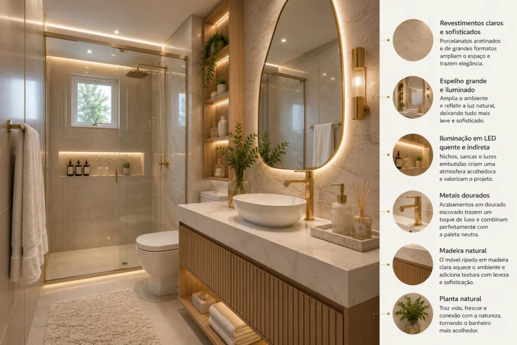Banheiro pequeno luxuoso com revestimentos claros, espelho grande iluminado, metais dourados, bancada em madeira e iluminação em LED, mostrando como combinar cores, iluminação e revestimentos.