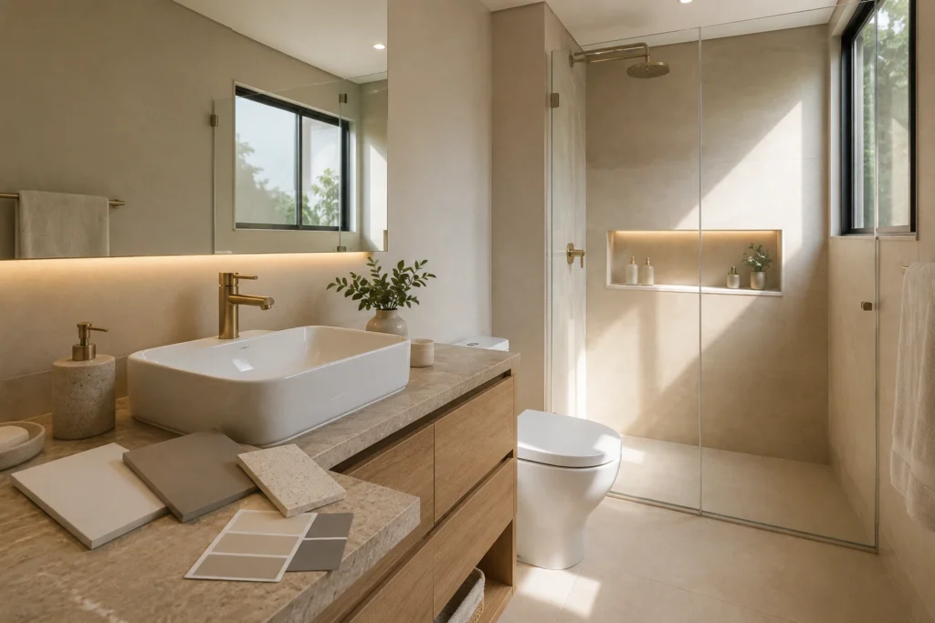 Banheiro pequeno contemporâneo com cores neutras, iluminação natural e amostras de revestimentos que ajudam na escolha da melhor cor para o ambiente.