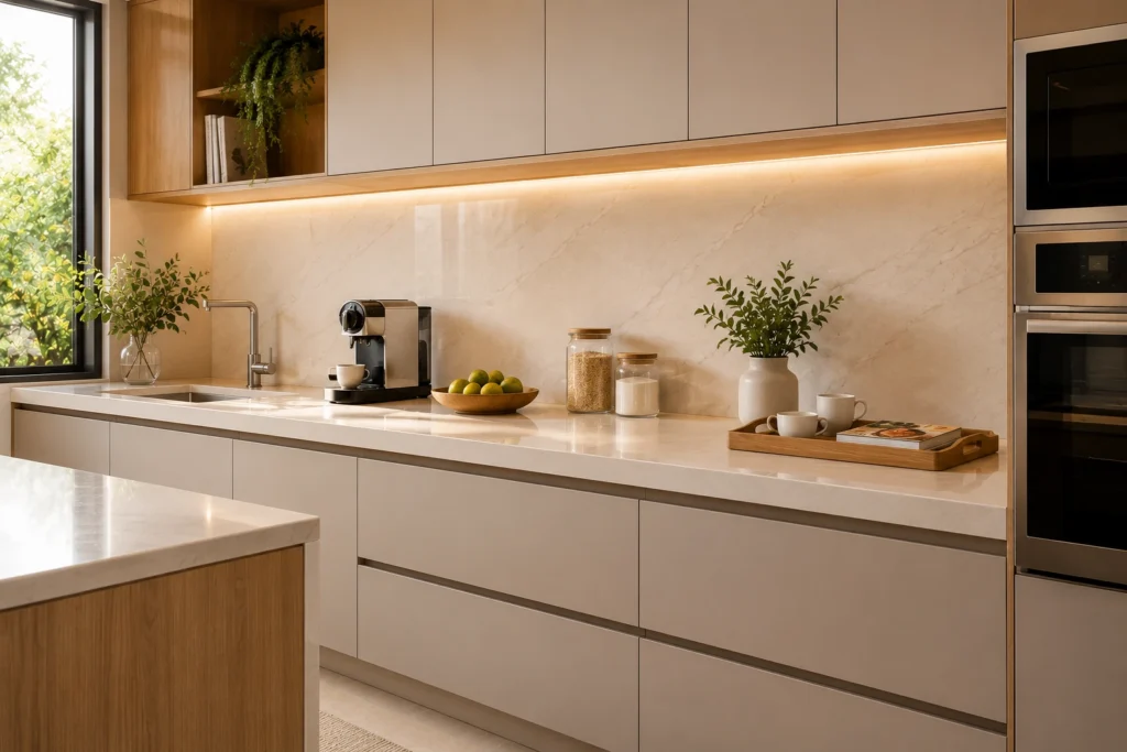 cozinha-organizada-com-bancada-minimalista-1024x683 12 Ideias de Cozinha Barata que Parecem de Luxo