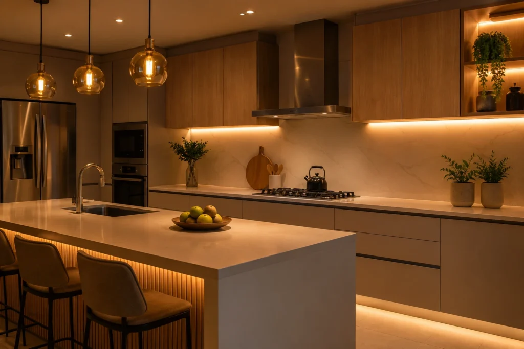 iluminacao-aconchegante-cozinha-moderna-1024x683 12 Ideias de Cozinha Barata que Parecem de Luxo