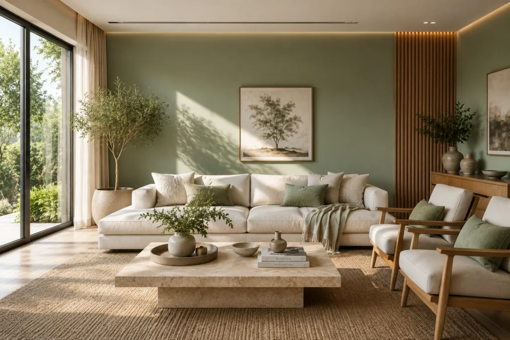 Sala moderna com parede em verde-sálvia, sofá de linho claro, móveis de madeira natural, plantas e iluminação natural, criando um ambiente tranquilo, elegante e acolhedor.