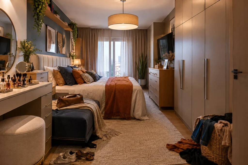 Quarto moderno com móveis volumosos, roupas espalhadas e circulação comprometida.