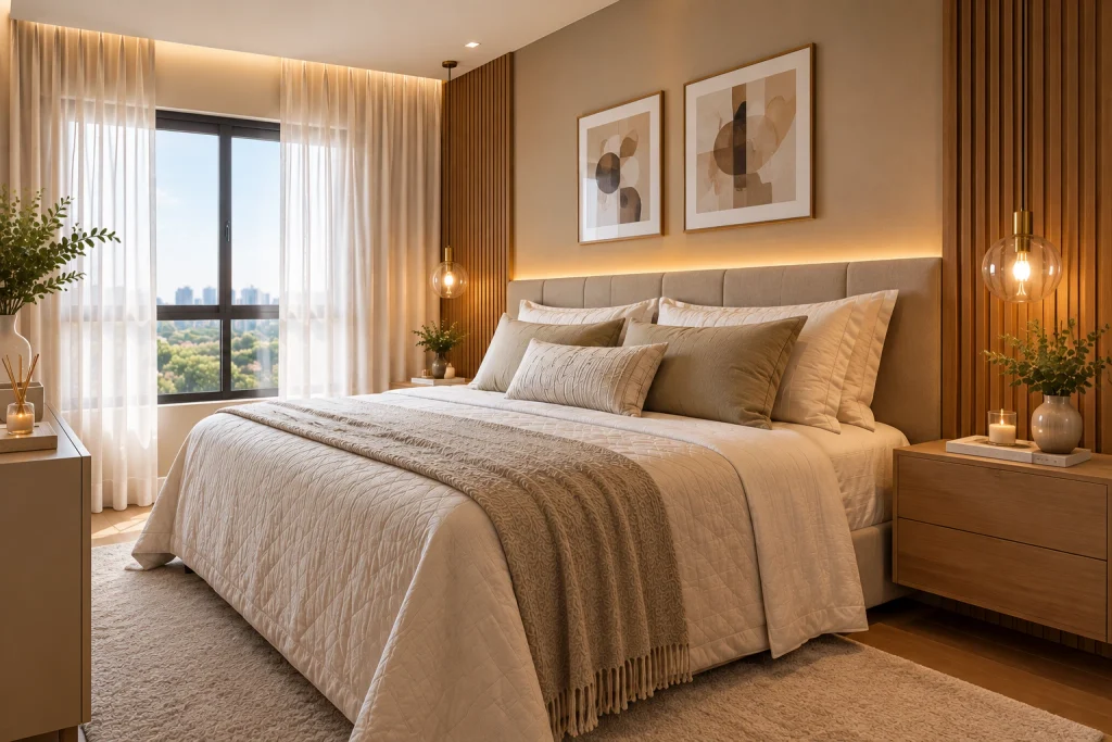 Quarto moderno com iluminação indireta, pendentes e luz natural para criar um ambiente aconchegante.