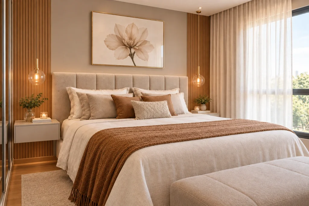 Quarto moderno com cama estofada, cabeceira elegante, manta caramelo, poltrona de tecido claro e iluminação suave.