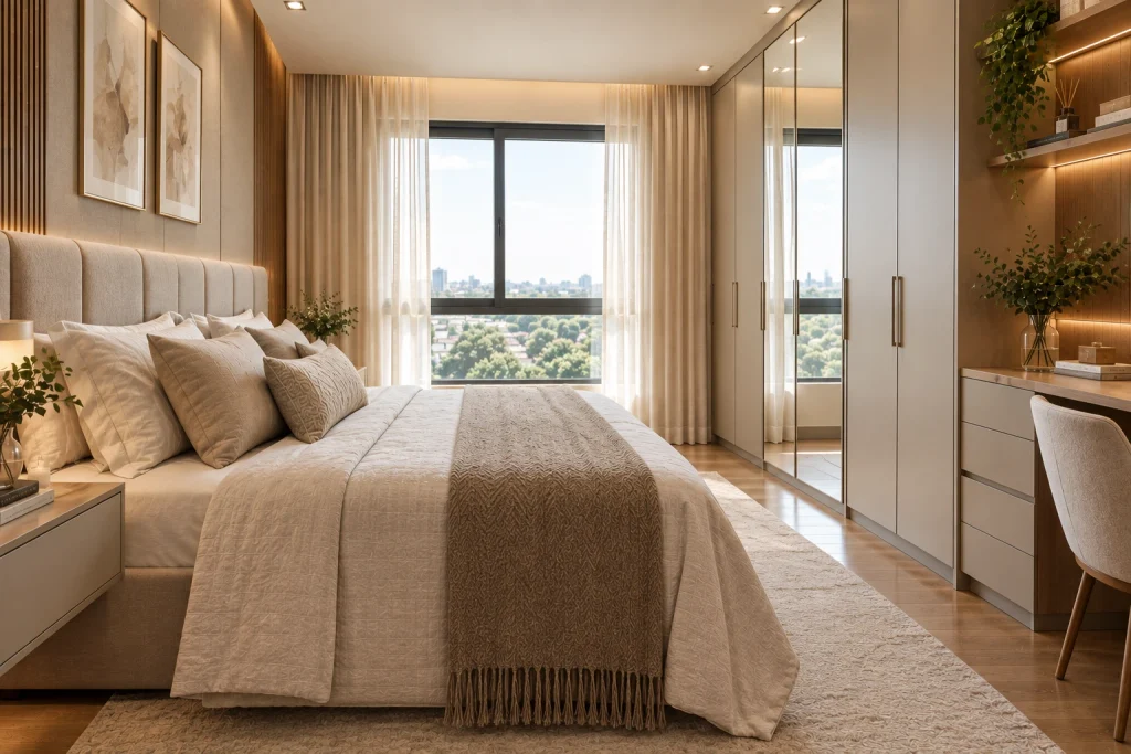 Decoração de quarto moderno com cama confortável, armário planejado e iluminação natural