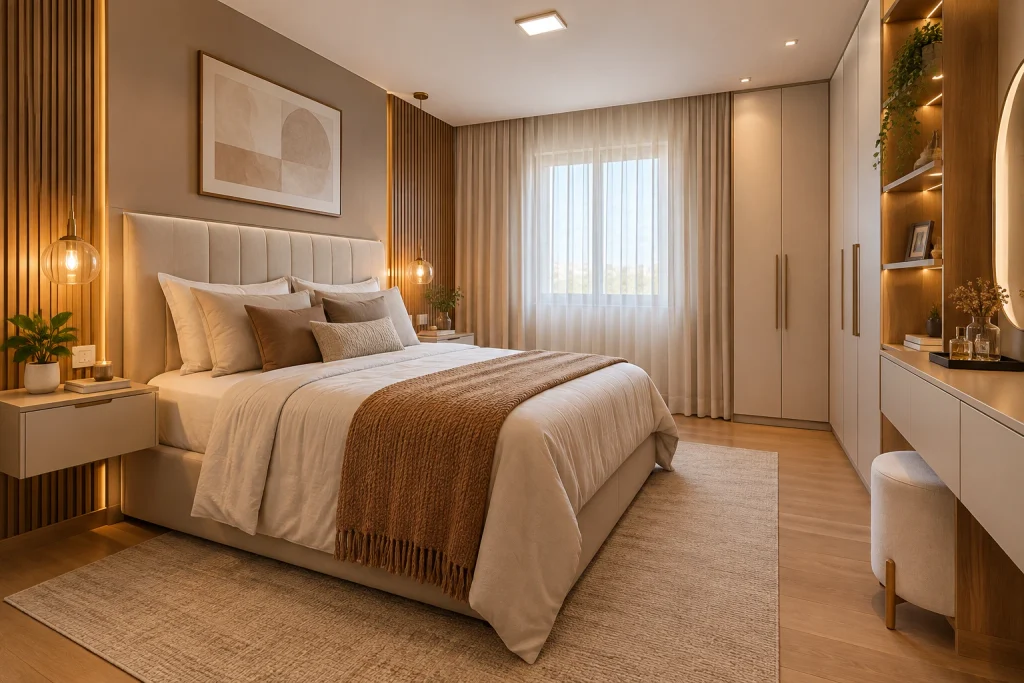 Decoração de quarto funcional com cama estofada, mesas de cabeceira, armário planejado e tapete em tons neutros.
