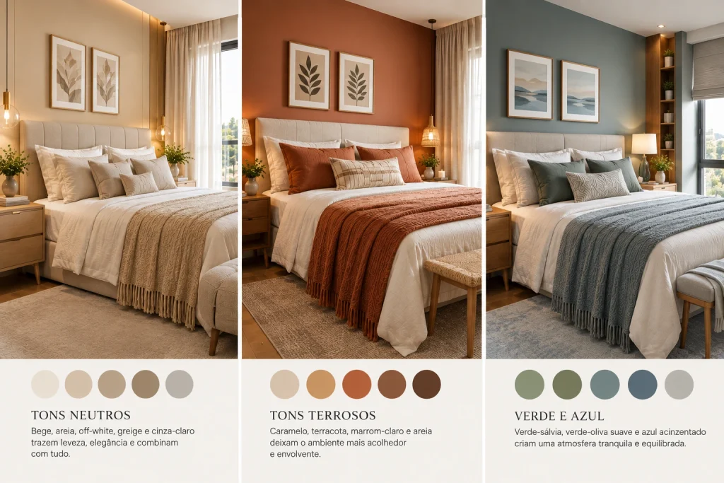 Quartos modernos com decoração em tons neutros, terrosos e azul acinzentado, mostrando diferentes combinações de cores para criar ambientes aconchegantes.