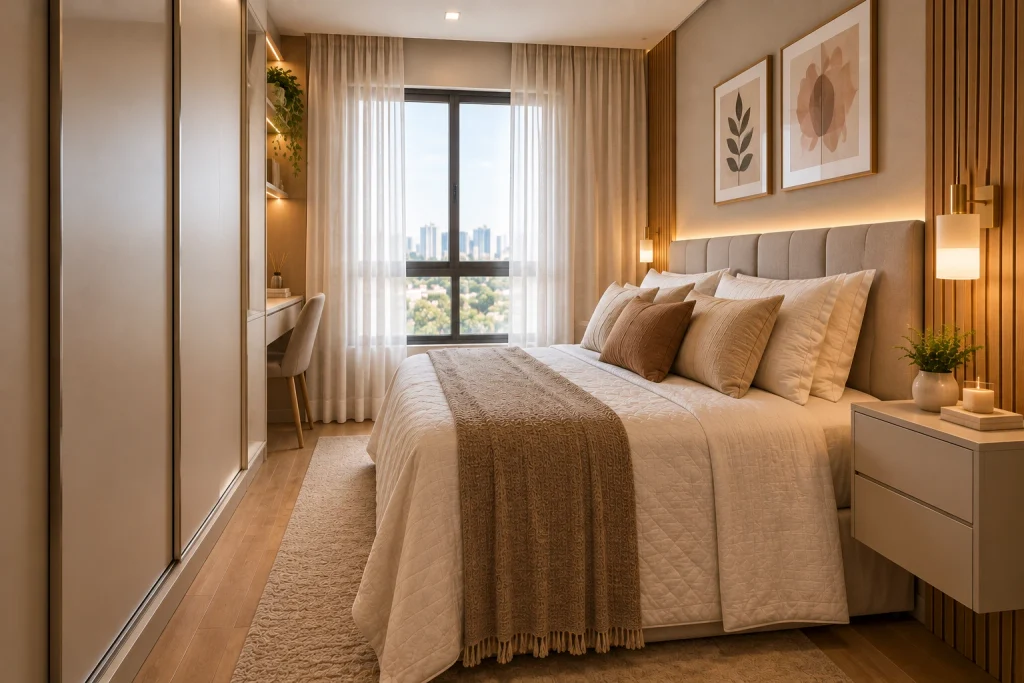 Quarto compacto com cama estofada, armário espelhado, móveis planejados e iluminação suave, aproveitando melhor o espaço disponível.